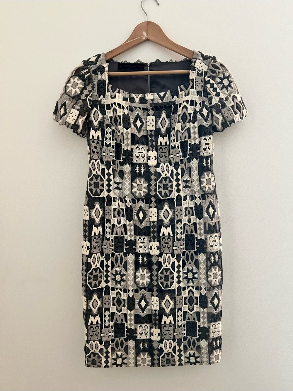 Peggy Jennings Black and White Geometric Lace Midi Dress